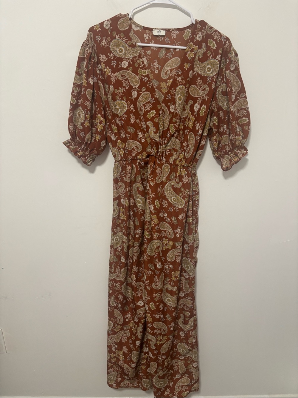 nlt la burnt orange bohemian paisley puff sleeve maxi dress